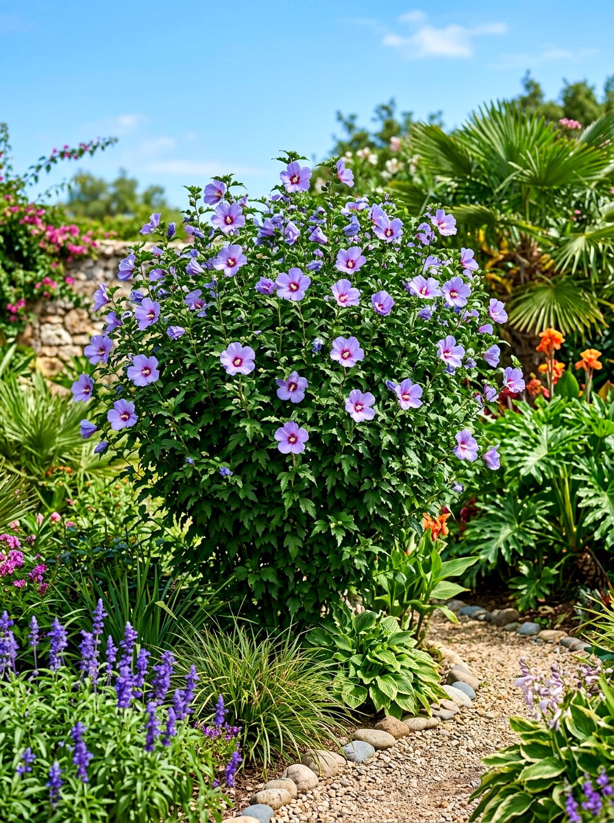 Blue Hibiscus tropical garden - 30 blue and purple garden ideas