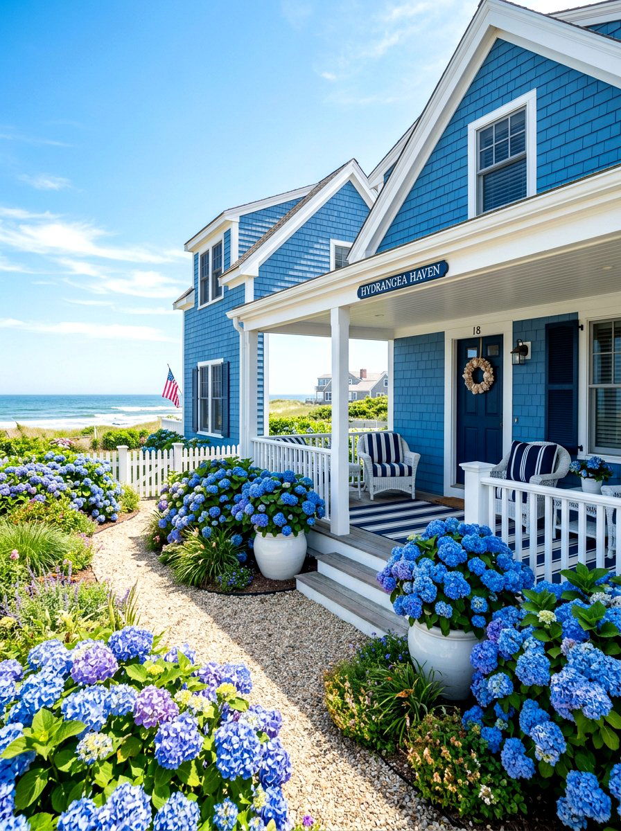 Blue Hydrangea Beach House Style - 30 front porch hydrangea ideas