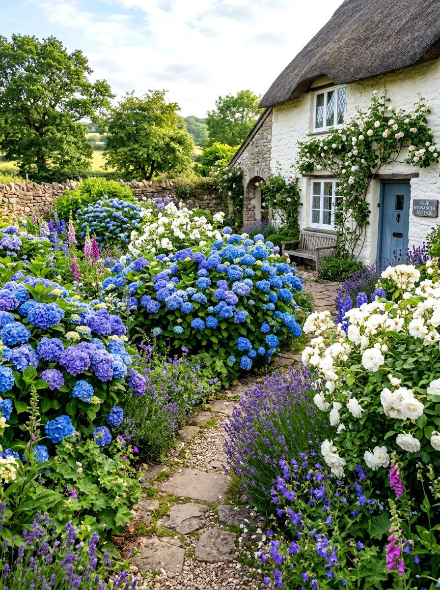 Blue Hydrangea Cottage Garden - 30 blue flower garden ideas
