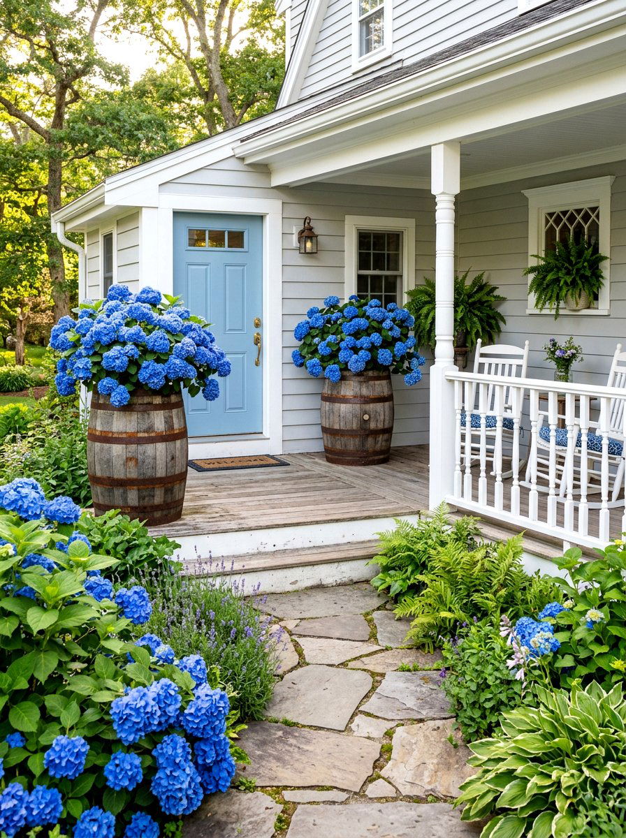 Blue Hydrangea Cottage Porch - 30 front porch hydrangea ideas