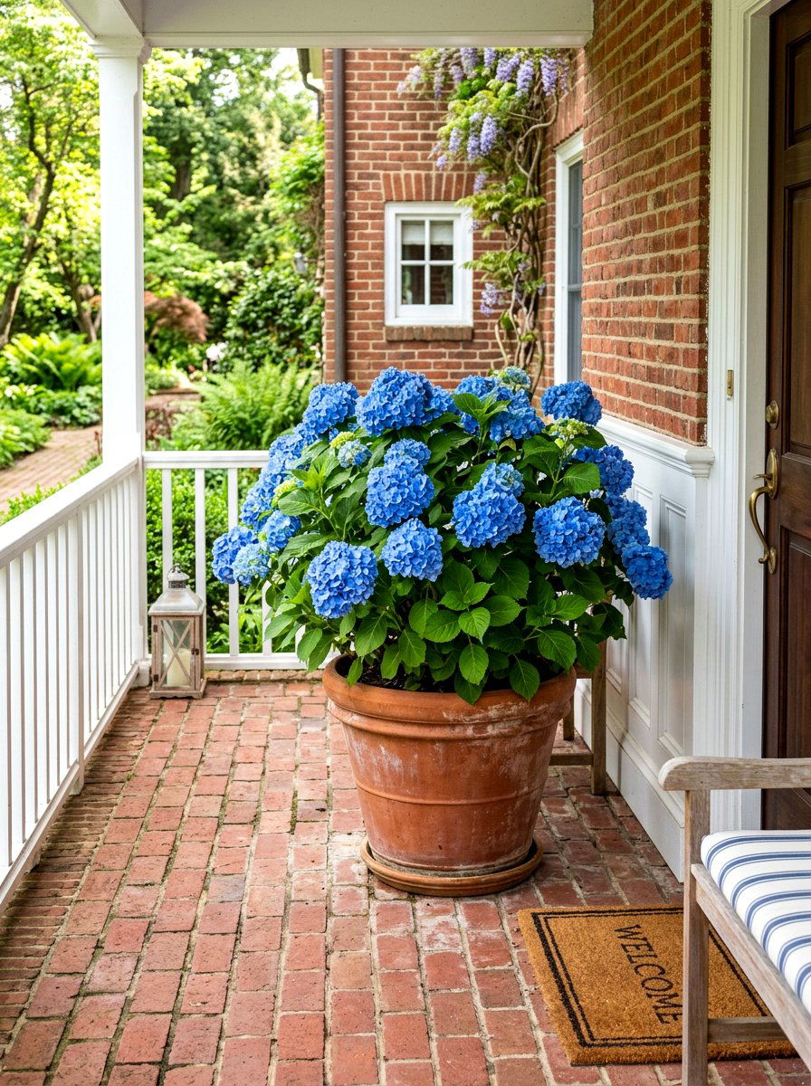 Blue Hydrangea In Terracotta Pot - 30 hydrangea porch planter ideas