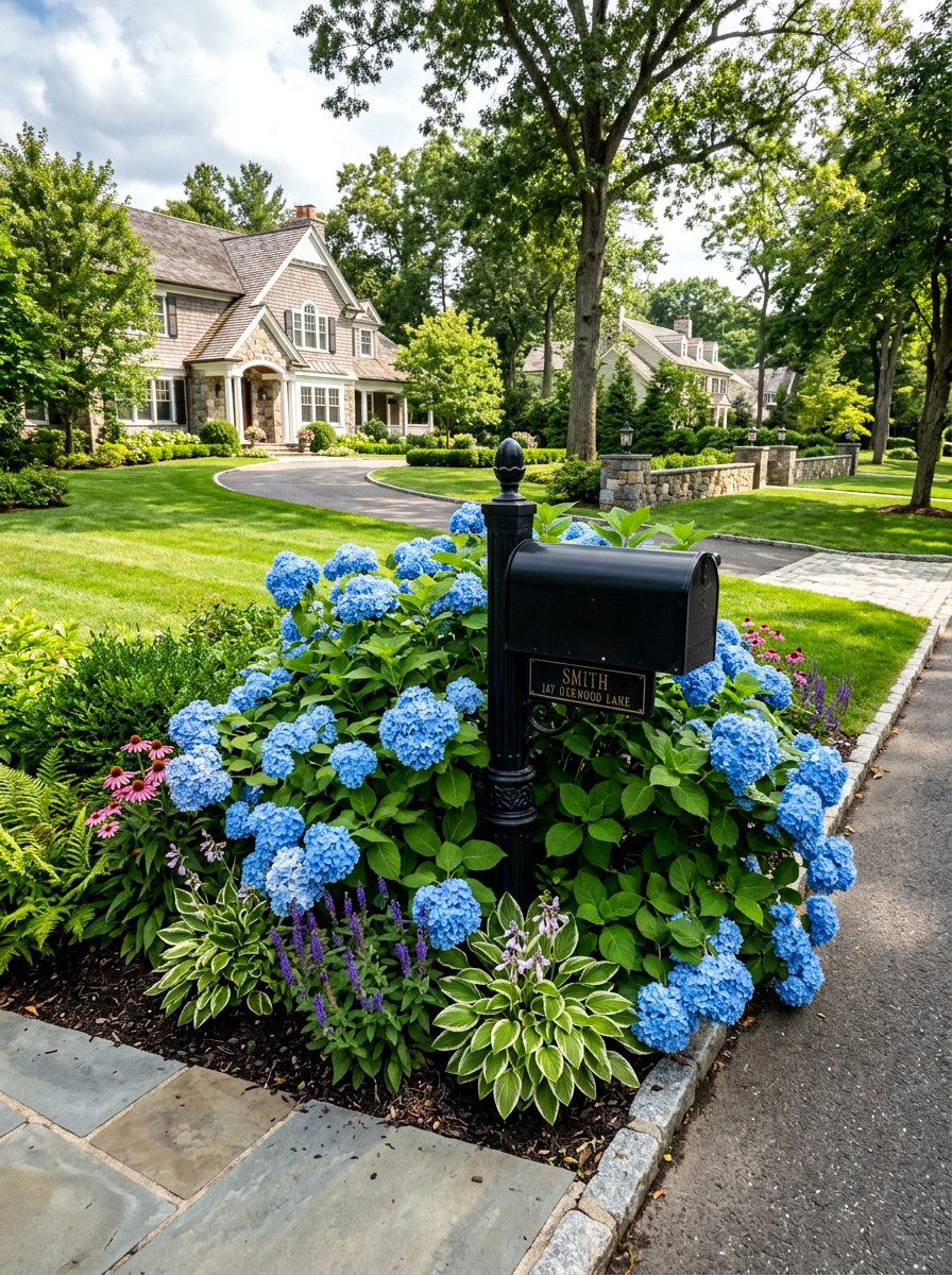 Blue Hydrangea Mailbox Garden - 30 mailbox flower bed ideas