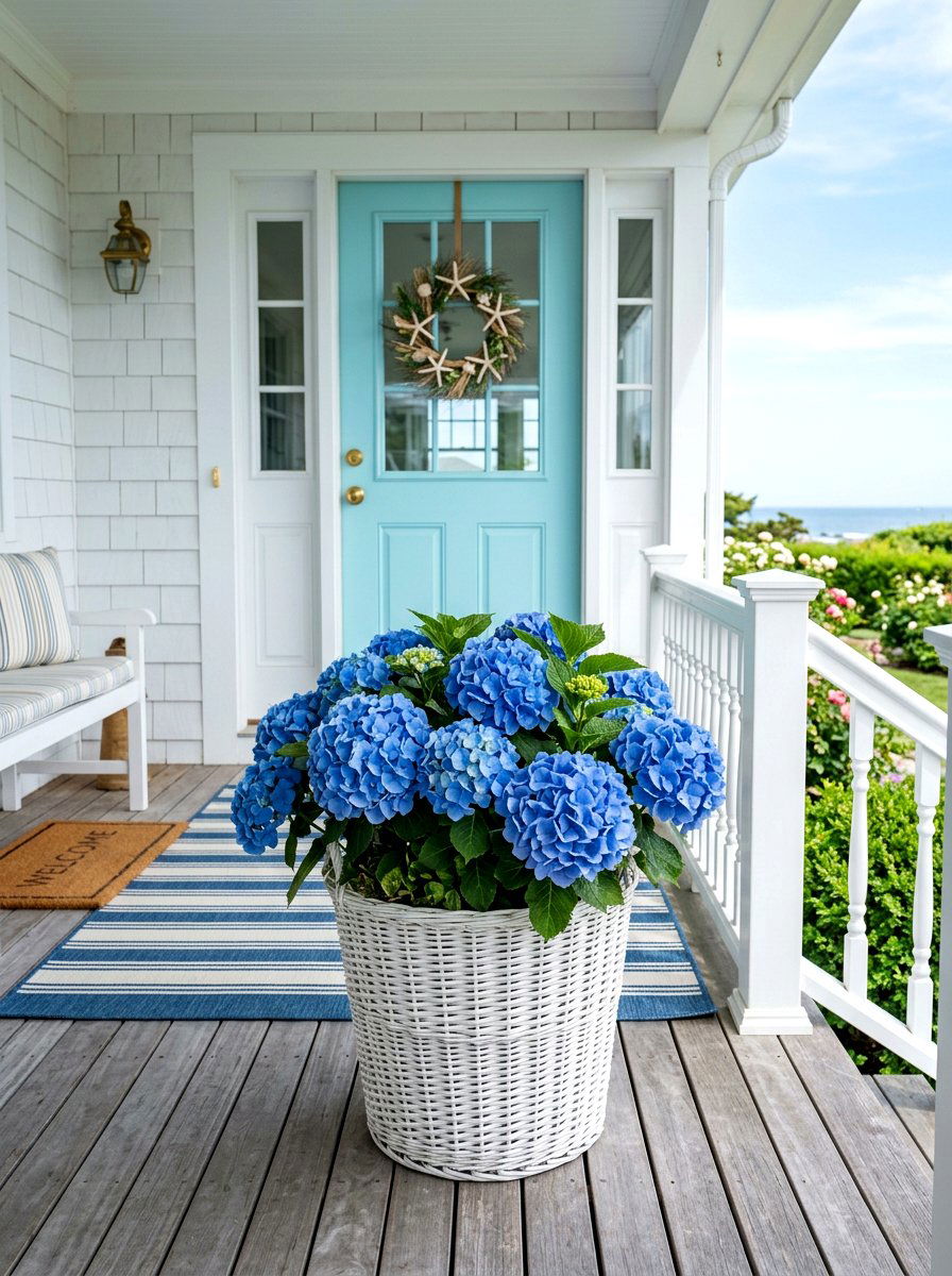 Blue Hydrangea Porch Planter - 30 Fourth of July porch ideas