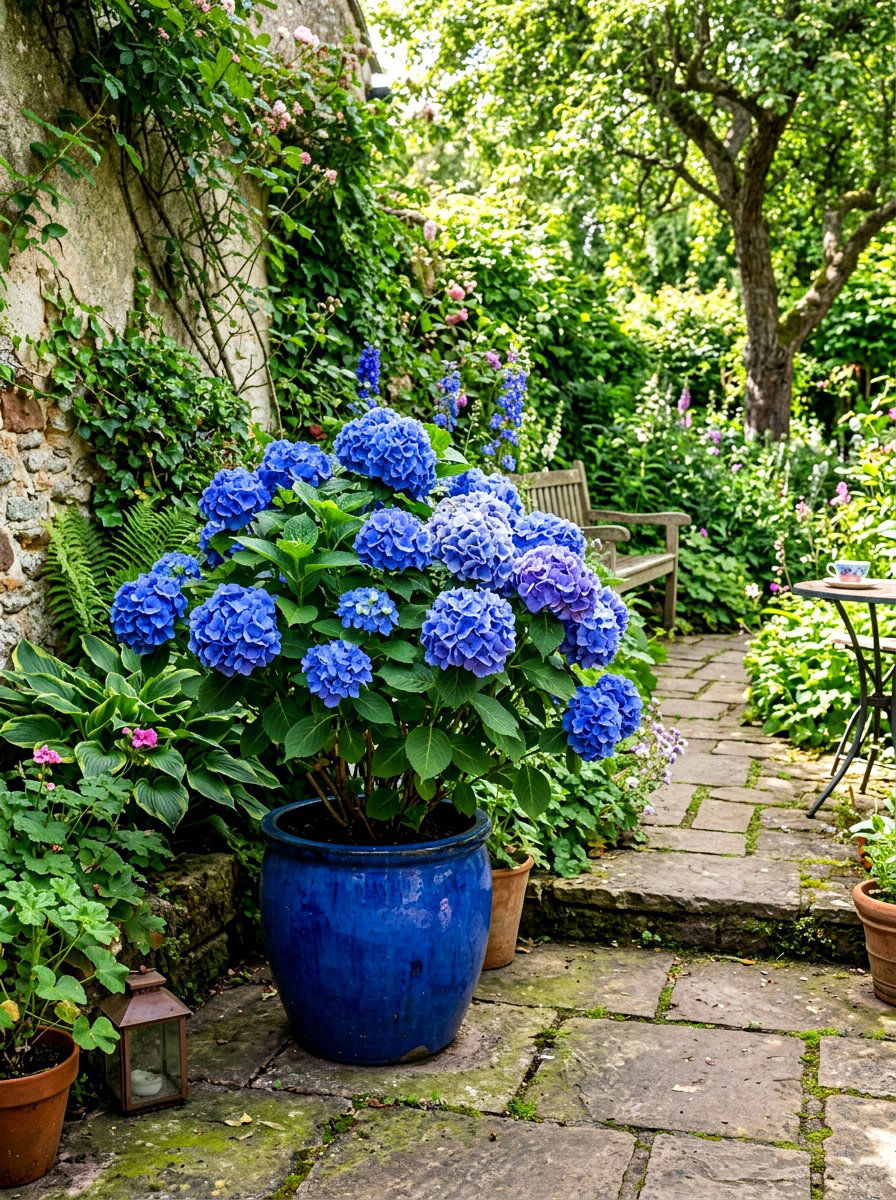 Blue Hydrangea Pot - 30 summer container garden ideas