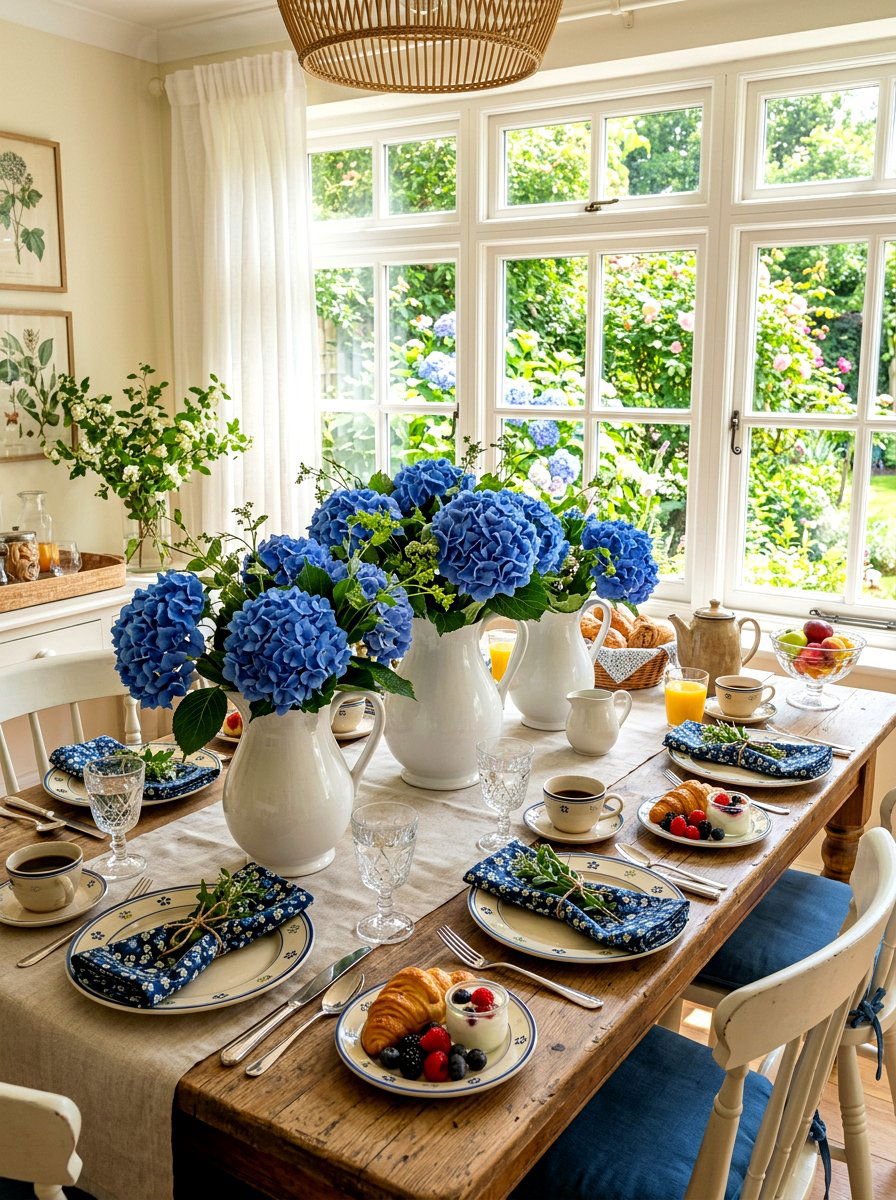 Blue Hydrangea Table Centerpiece - 30 blue and white table decor ideas