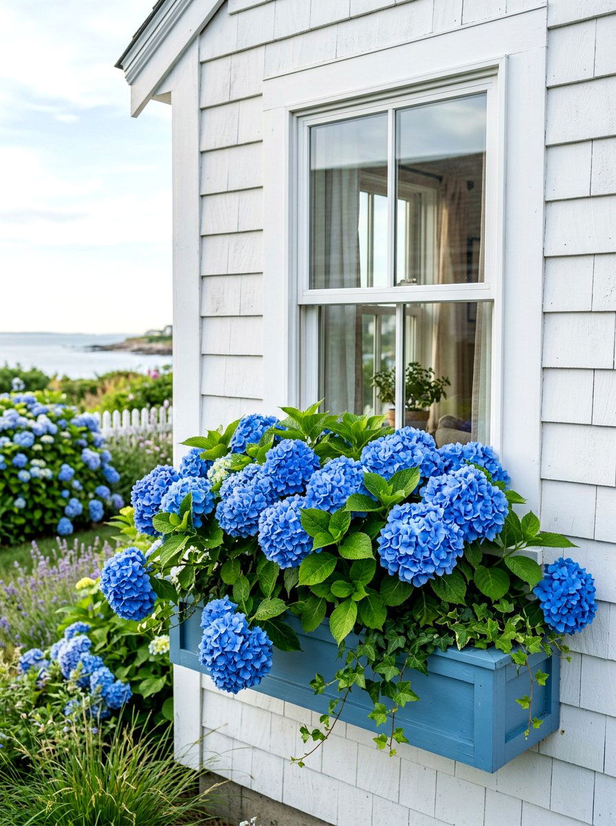 Blue Hydrangea Window Box - 30 cottage window box ideas