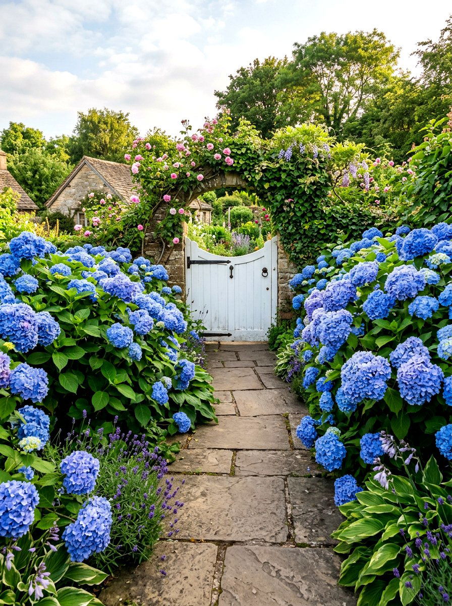 Blue Hydrangea walkway - 30 blue and purple garden ideas