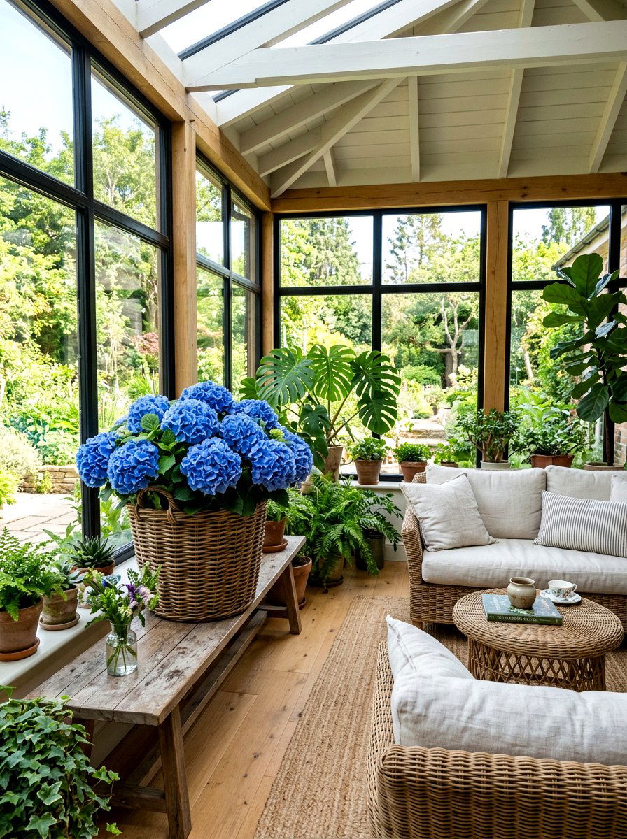 Blue Hydrangeas In Large Wicker Basket - 30 spring flower arrangement ideas