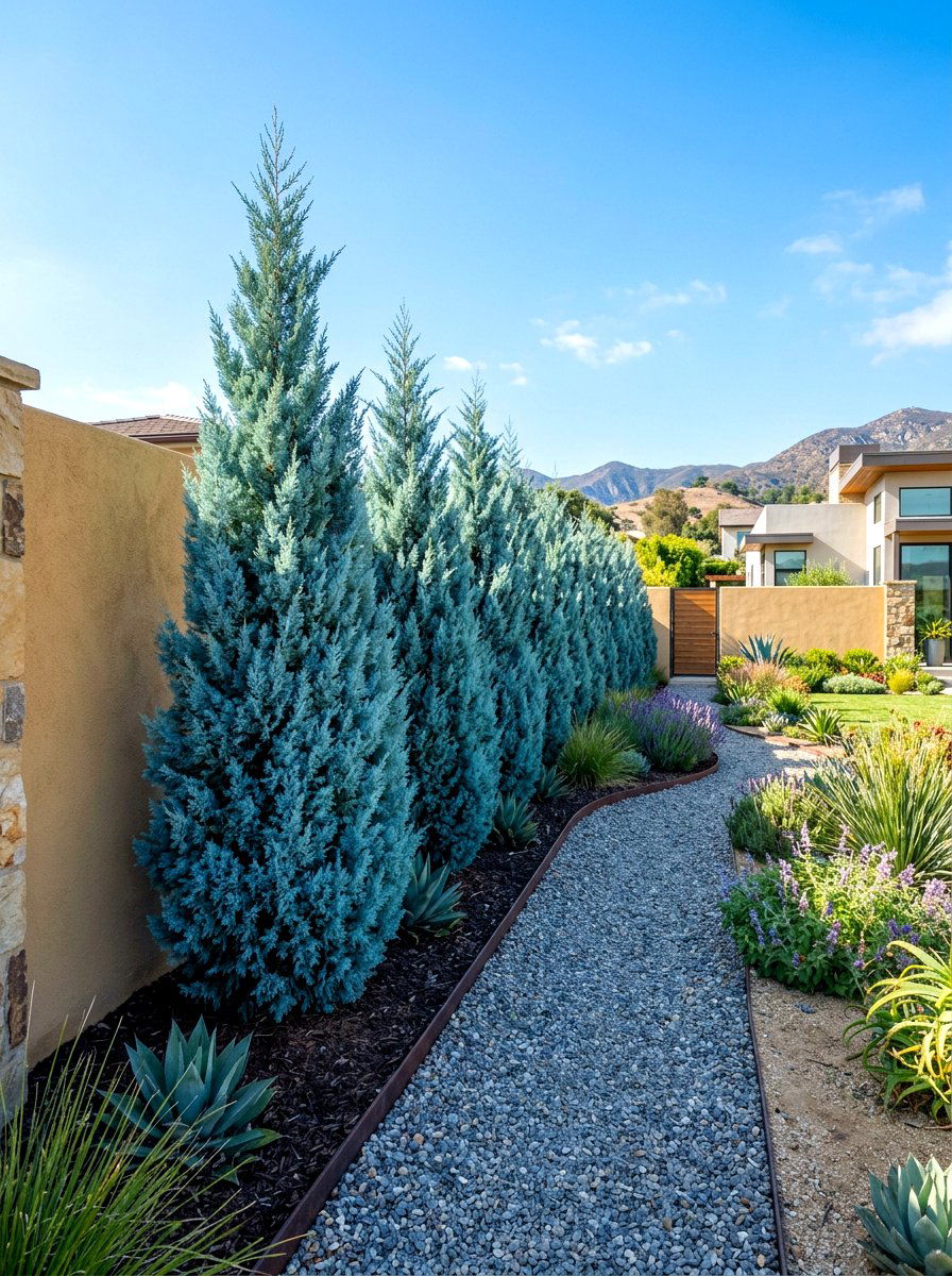 Blue Ice Cypress row - 30 evergreen privacy border ideas