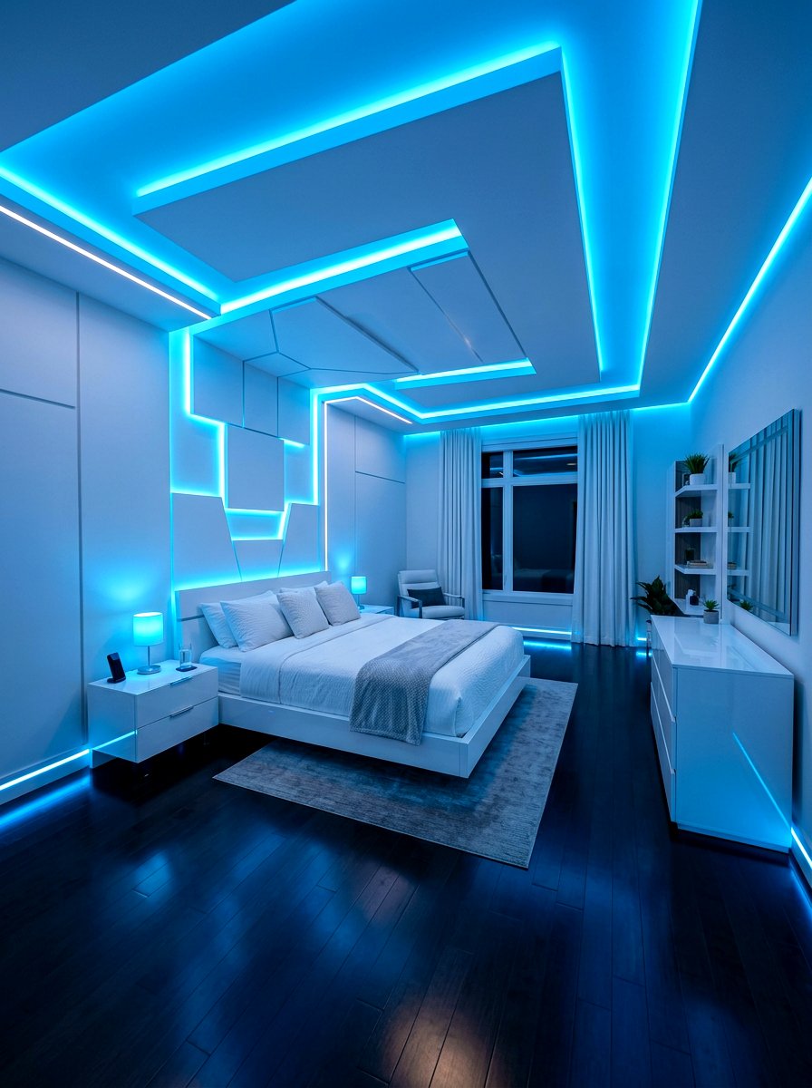 Blue LED Perimeter Lighting - 30 space themed bedroom ideas