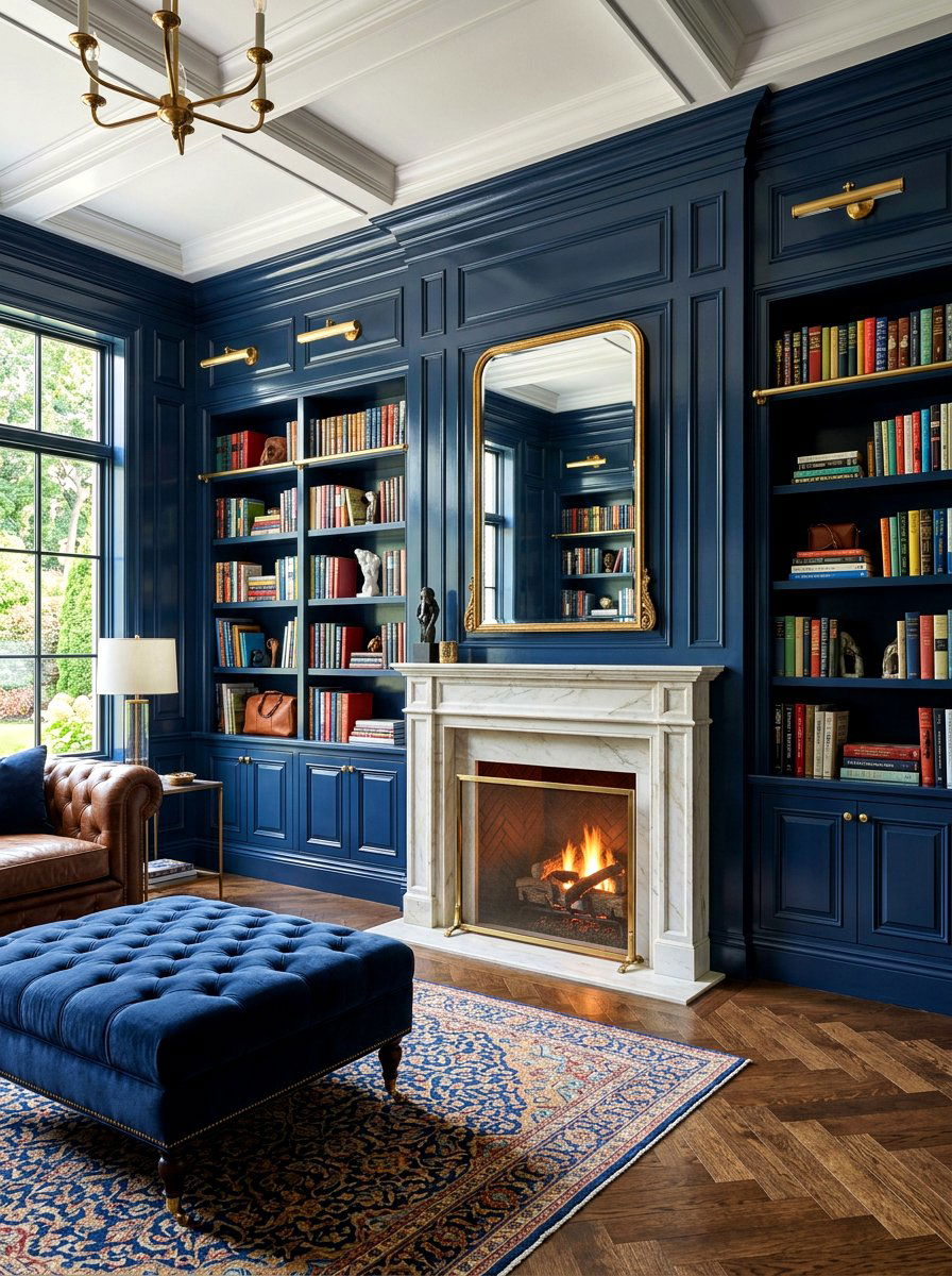 Blue Library Wall Paneling - 30 paneled library ideas