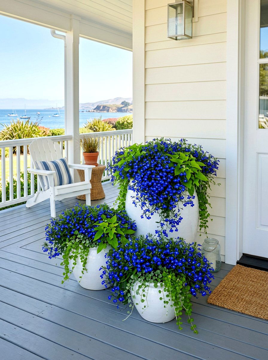 Blue Lobelia porch display - 30 blue and purple garden ideas