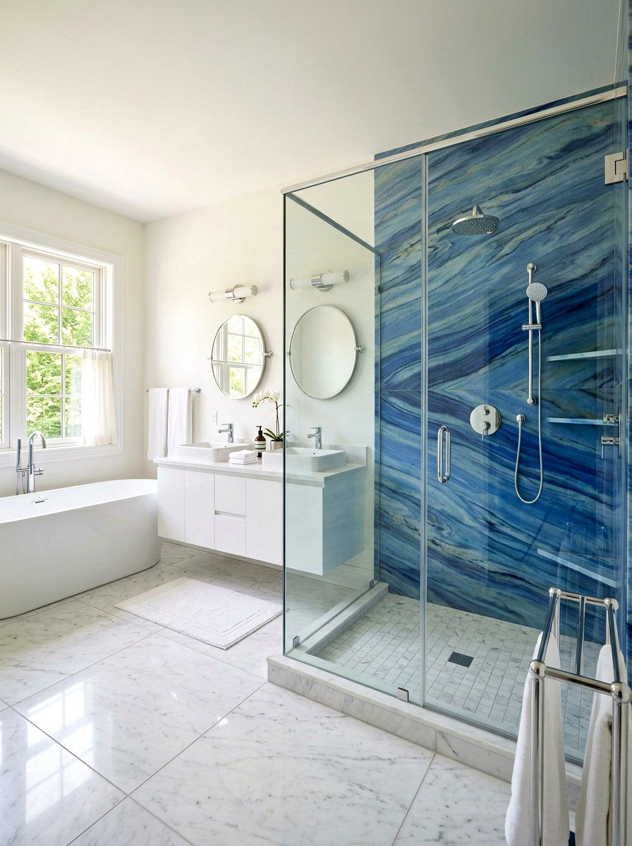 Blue Macaubas Quartzite Shower - 30 stone slab shower wall ideas