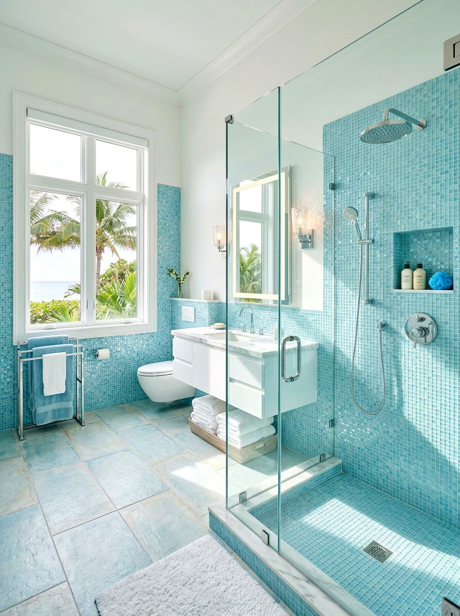 Blue Mosaic Tile Bathroom - 30 floor to ceiling tile bathroom ideas