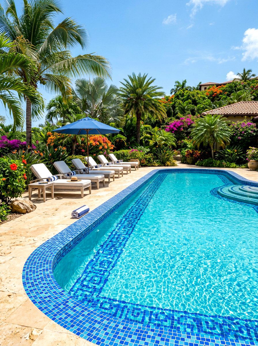Blue Mosaic Tile Border - 30 Mediterranean pool patio ideas