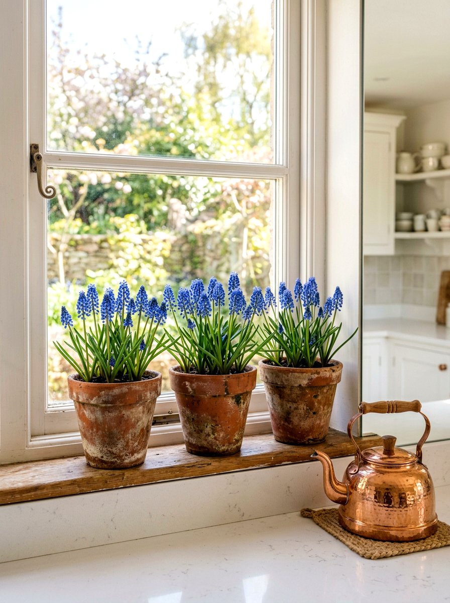 Blue Muscari In Terracotta Pots - 30 spring flower arrangement ideas