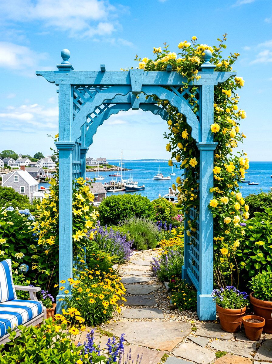 Blue Painted Arbor - 30 front arbor ideas