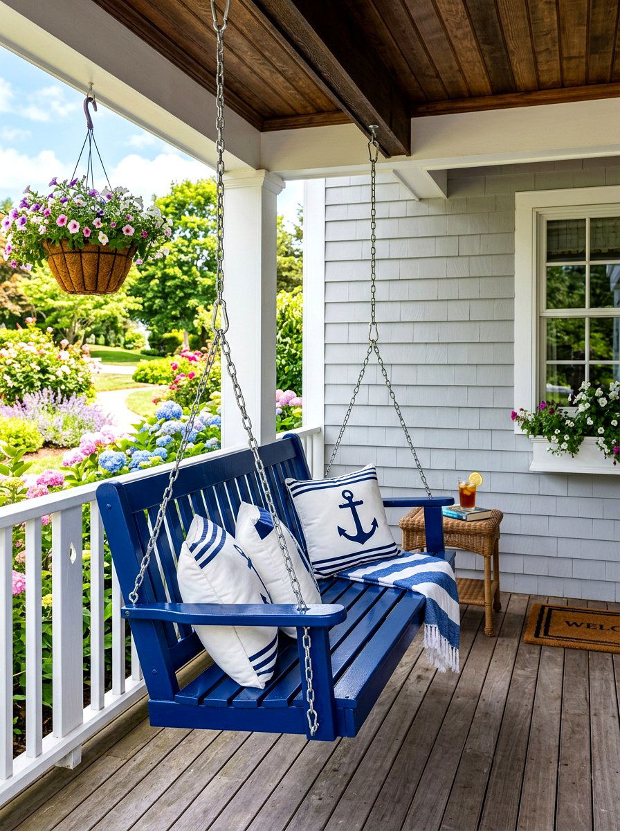 Blue Painted Porch Swing - 30 front porch swing ideas