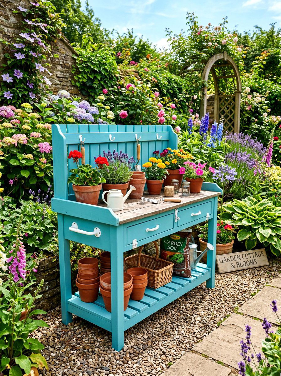 Blue Painted Potting Bench - 30 potting bench ideas