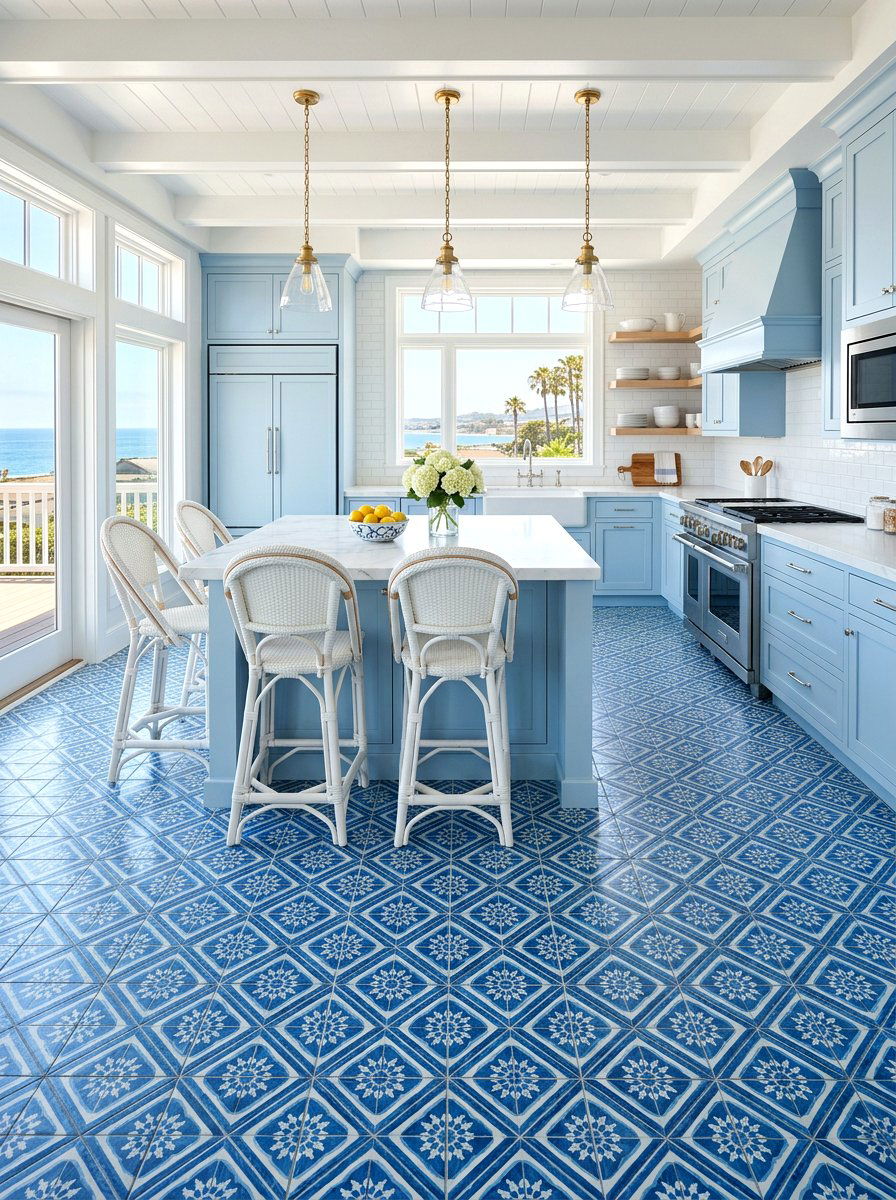 Blue Patterned Diagonal Tile - 30 diagonal tile kitchen floor ideas
