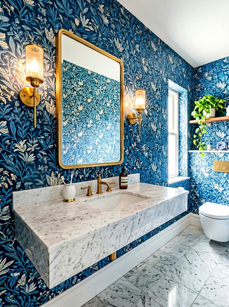 Blue Patterned Wallpaper Bathroom