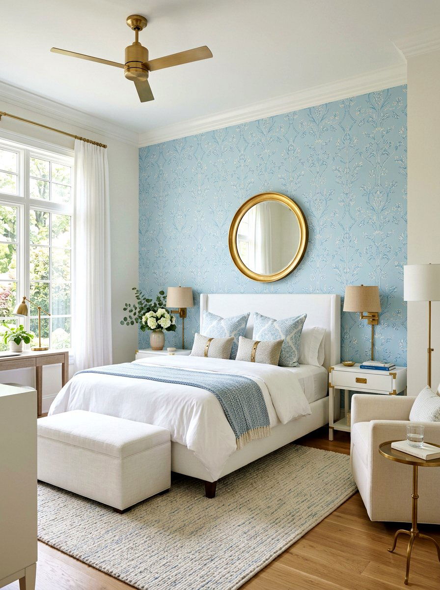 Blue Patterned Wallpaper - 30 Hamptons bedroom ideas
