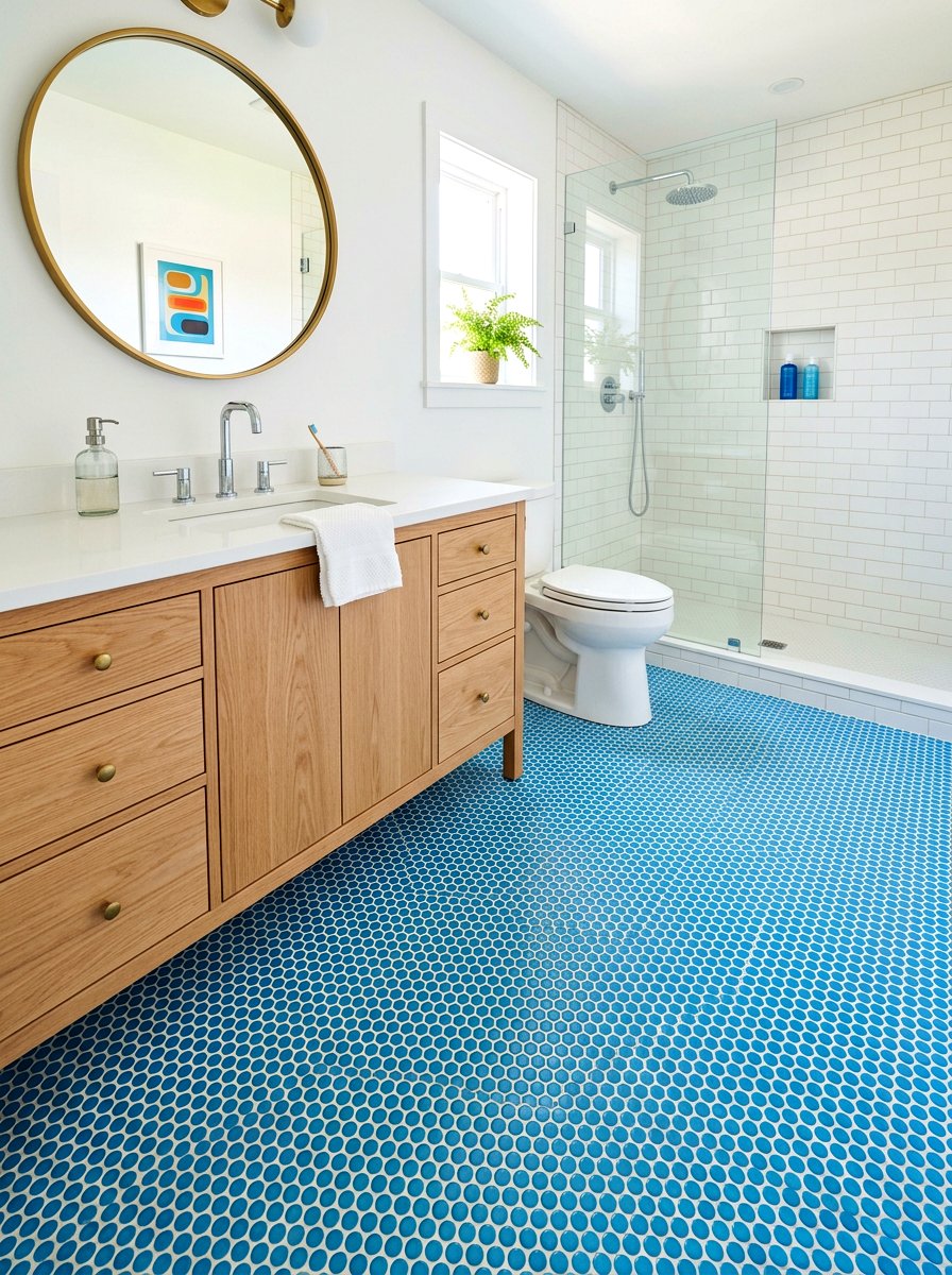 Blue Penny Tile Floor - 30 blue bathroom ideas