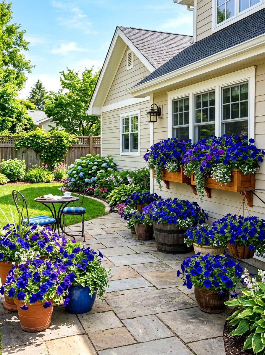 Blue Petunia Patio - 30 blue flower garden ideas