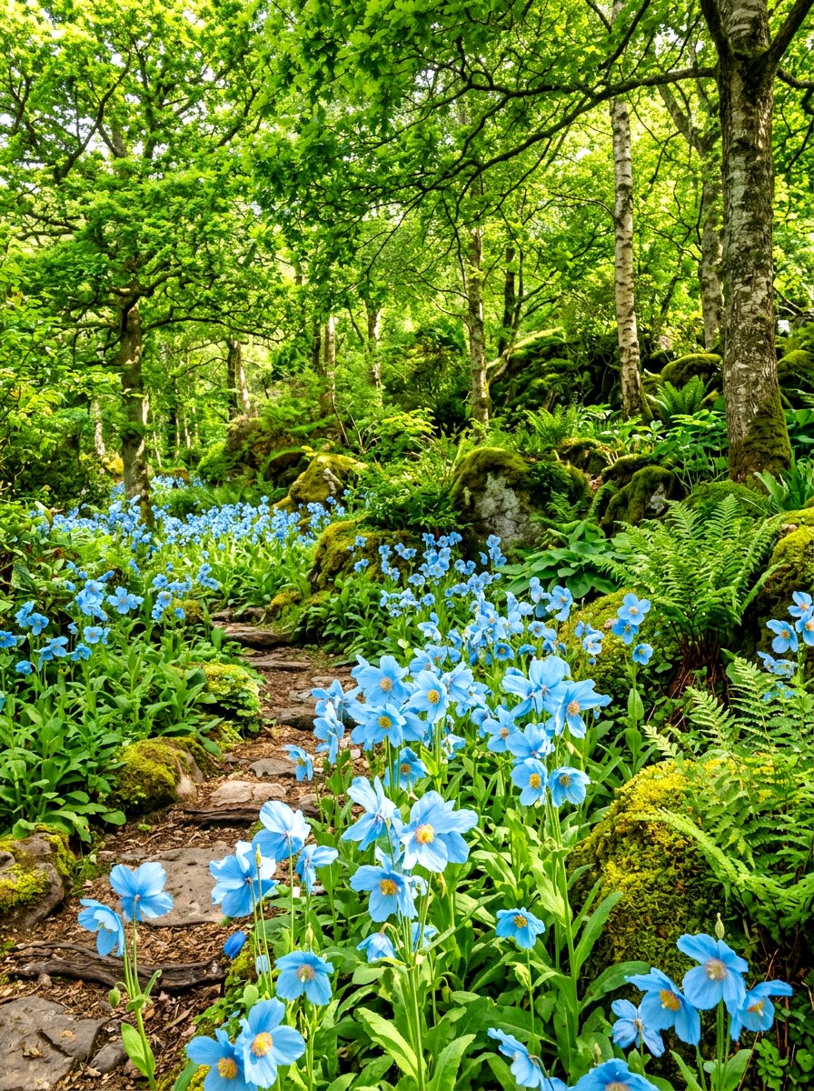Blue Poppy Woodland Garden - 30 blue flower garden ideas