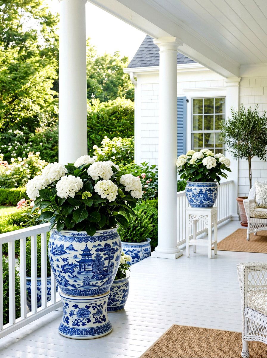 Blue Porcelain Front Porch Flower Pots - 30 front porch flower pot ideas