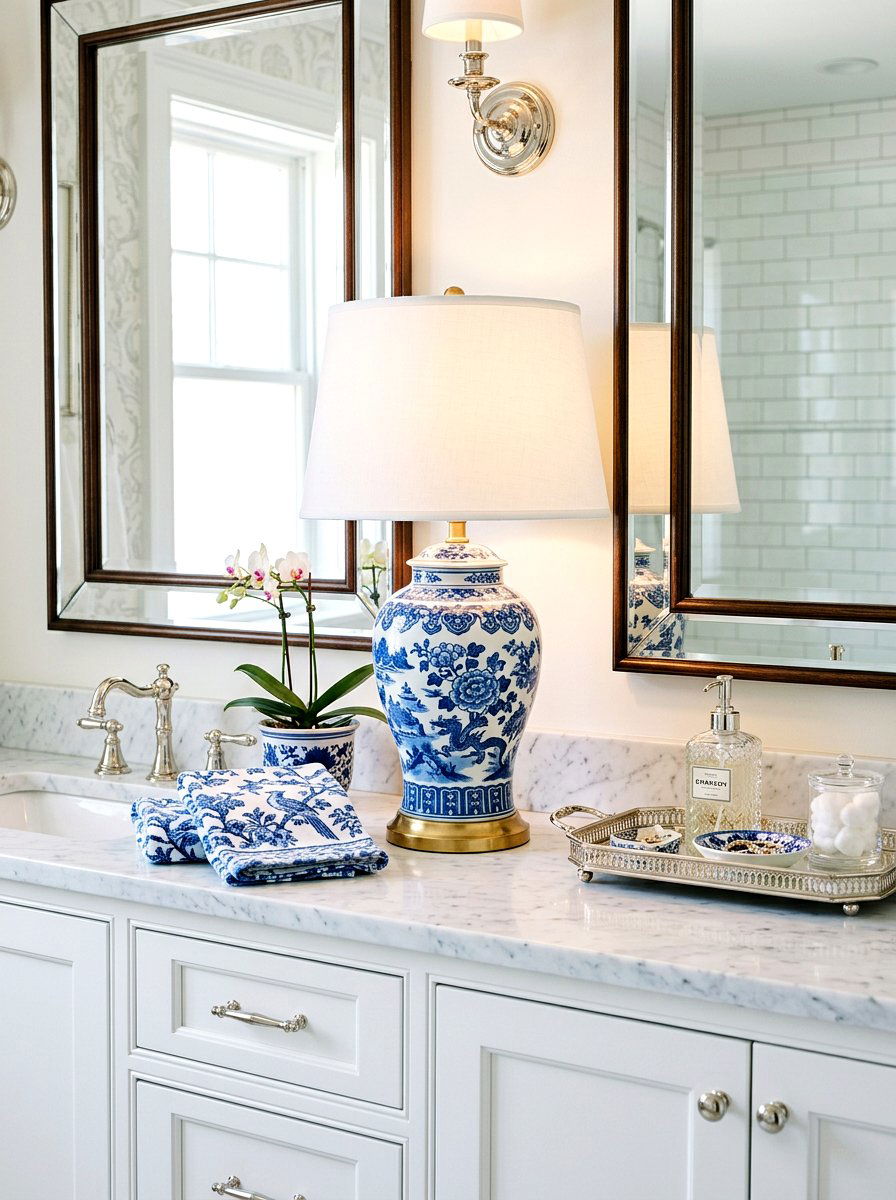 Blue Porcelain Lamp - 30 mini lamp bathroom counter ideas