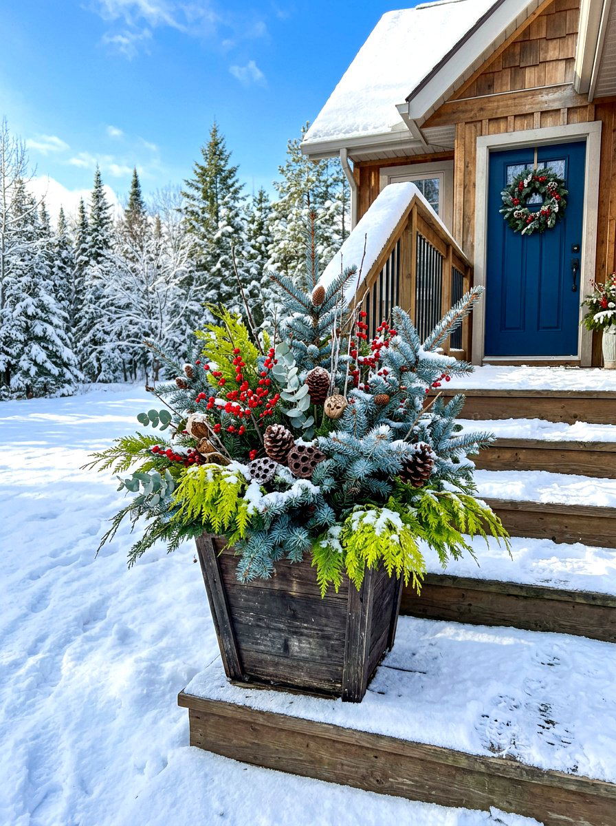 Blue Spruce Cypress Mix - 30 winter porch planter ideas