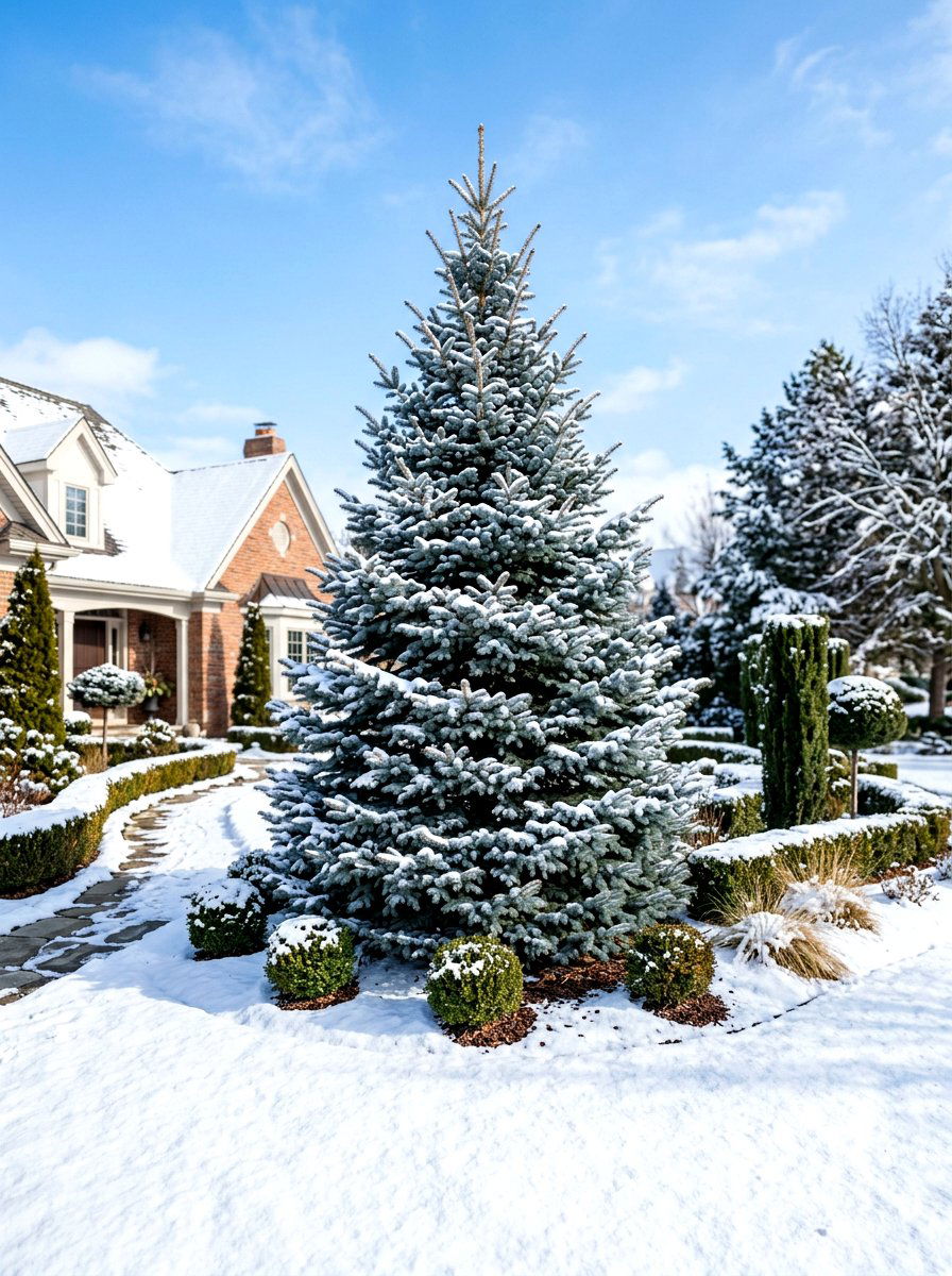 Blue Spruce evergreen landscape - 30 blue and purple garden ideas
