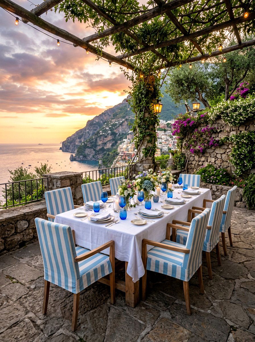 Blue Stripe Terrace Dining - 30 cabana stripe patio ideas