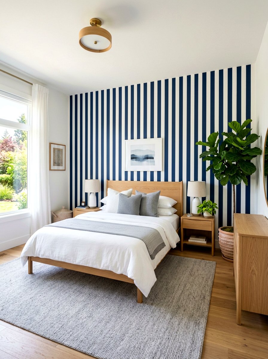 Blue Striped Accent Wall - 30 candy stripe bedroom ideas