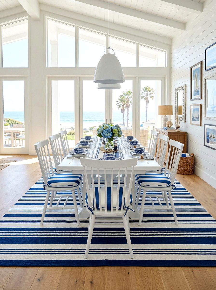 Blue Striped Dining Decor - 30 coastal dining room ideas