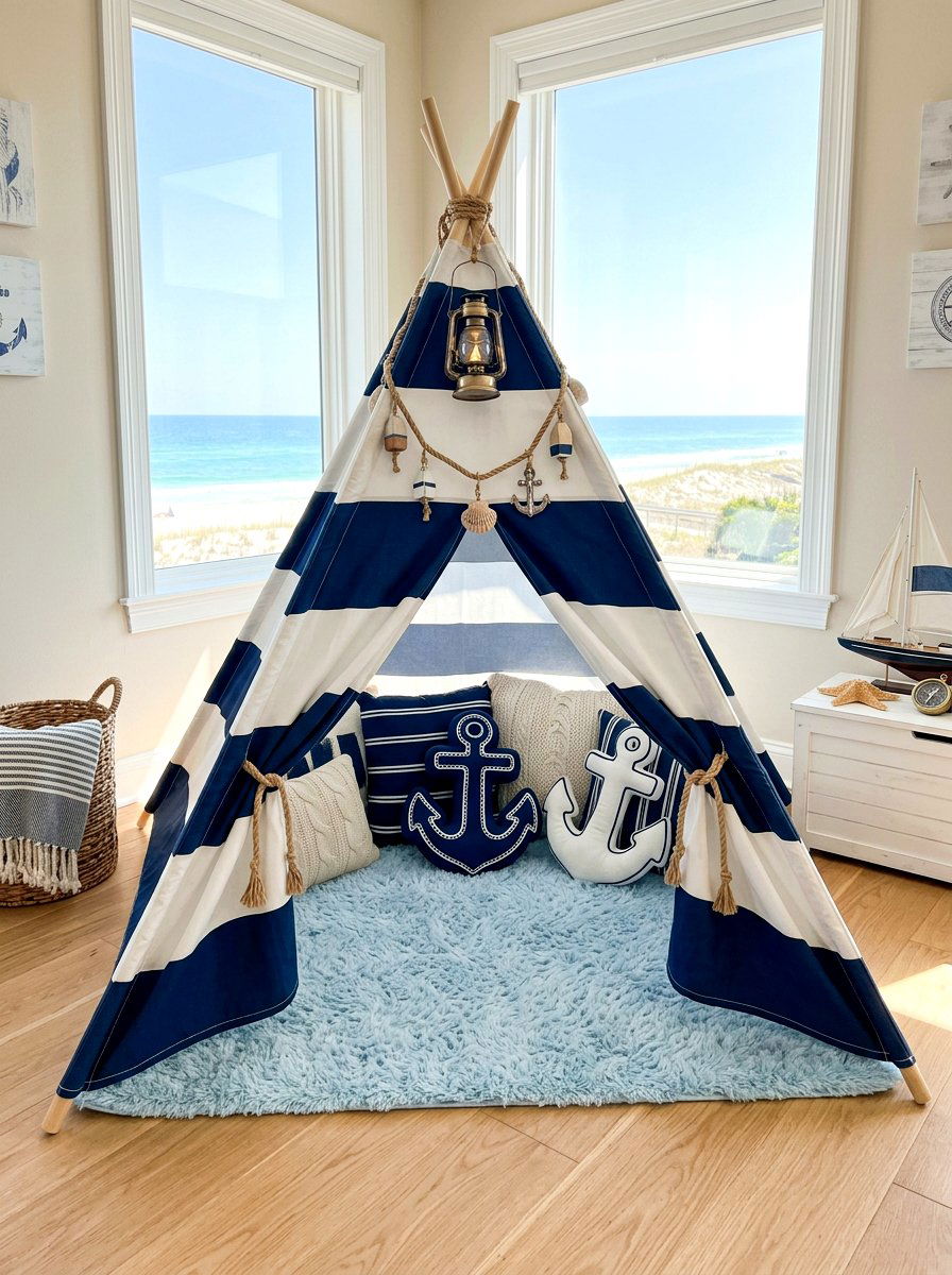Blue Striped Nautical Tent - 30 kids tent reading nook ideas