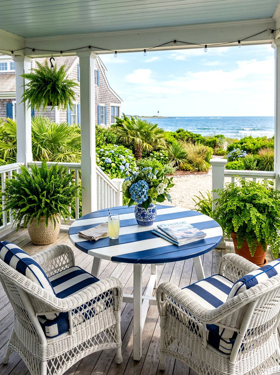 Blue Striped Porch Table - 30 porch skirted table ideas