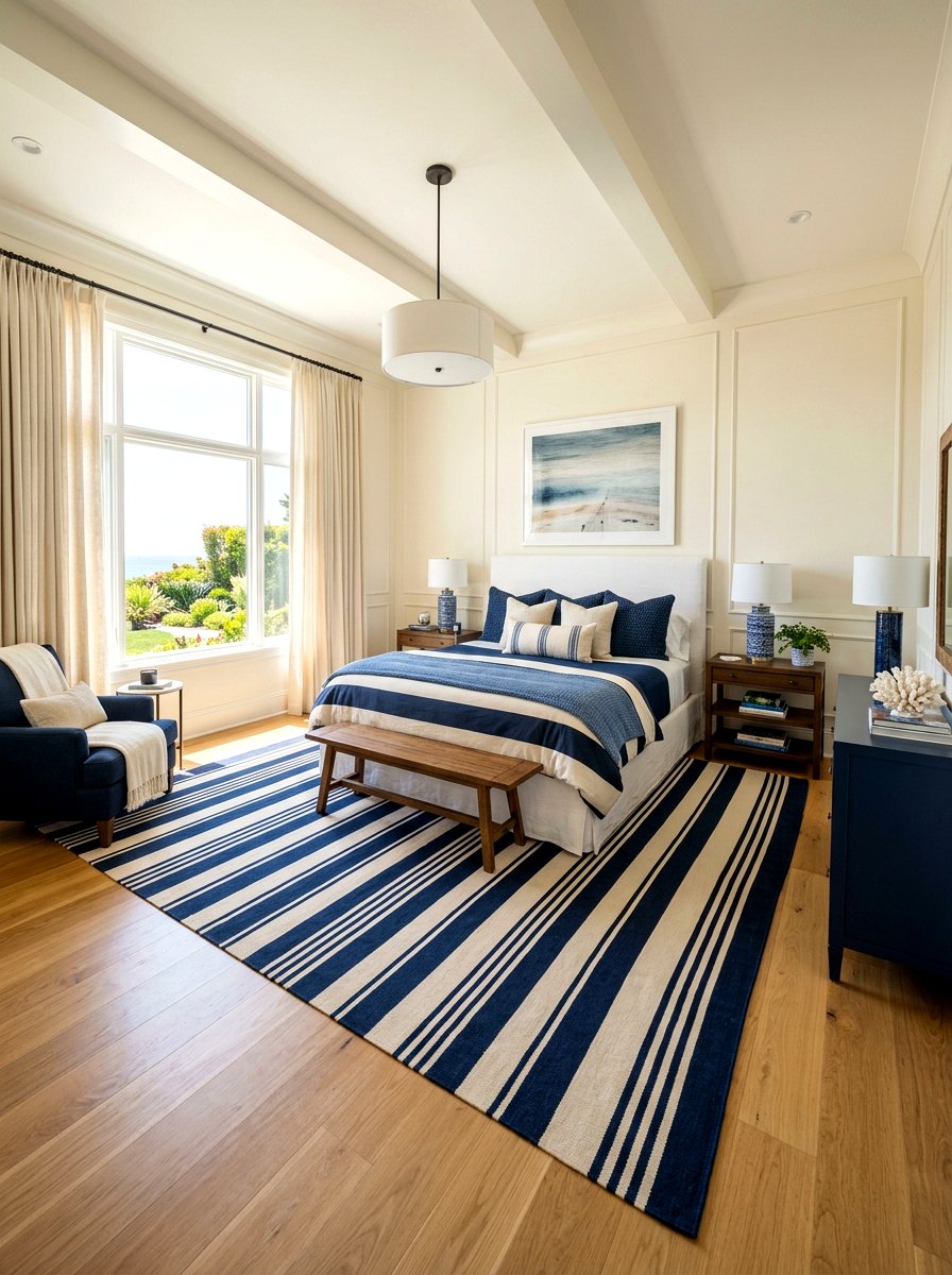 Blue Striped Rug - 30 coastal grandmother bedroom ideas