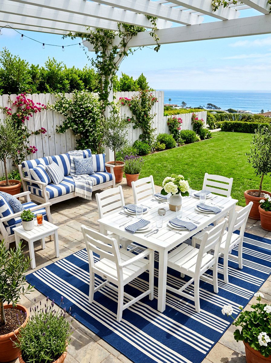Blue Striped Terrace Area - 30 Nancy Meyers outdoor dining ideas