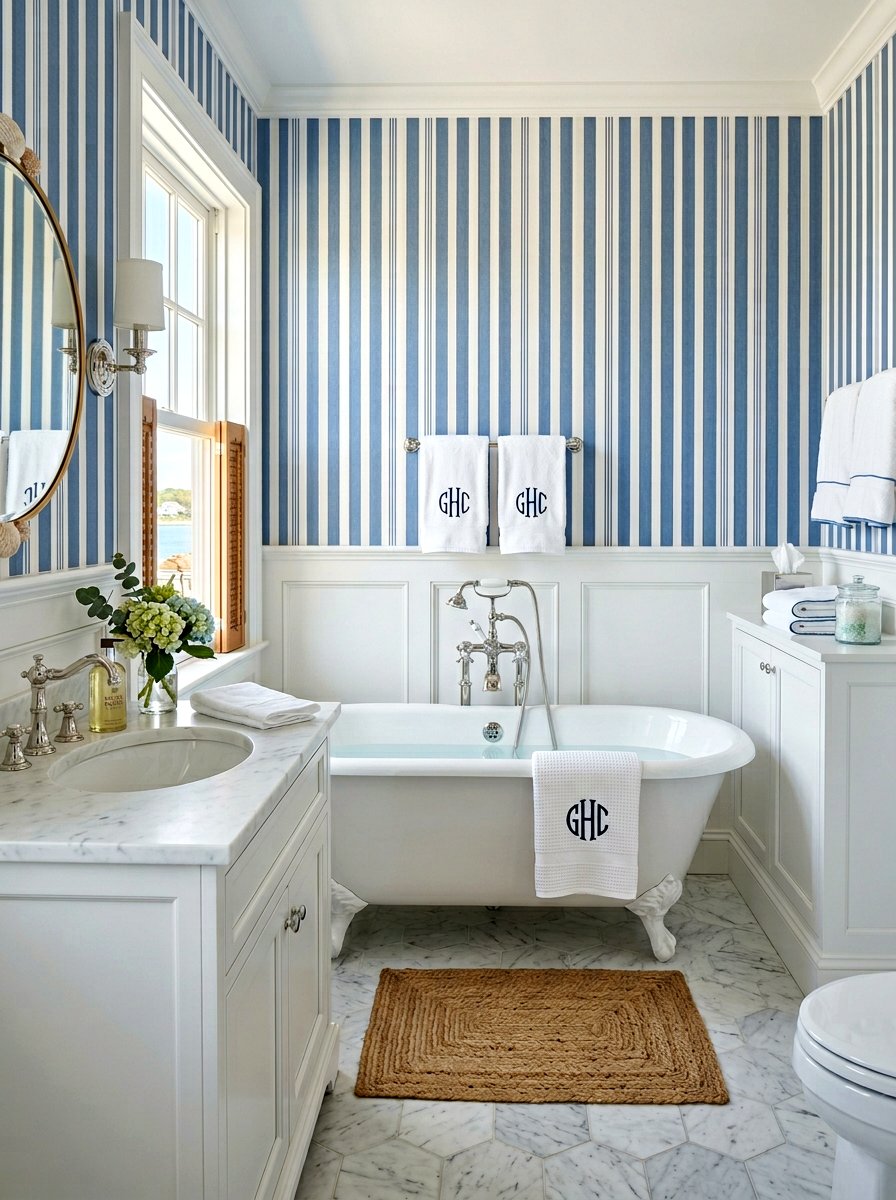 Blue Striped Wallpaper - 30 seaside bathroom ideas