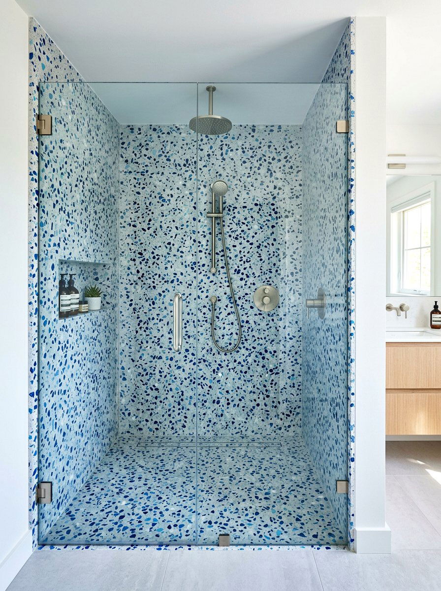 Blue Terrazzo Shower - 30 terrazzo bathroom ideas