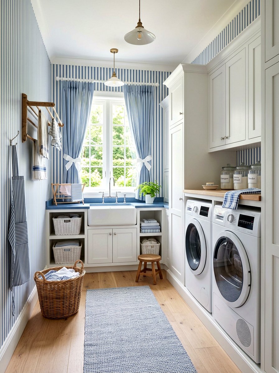 Blue Ticking Stripe Laundry Room - 30 stripe drench room ideas