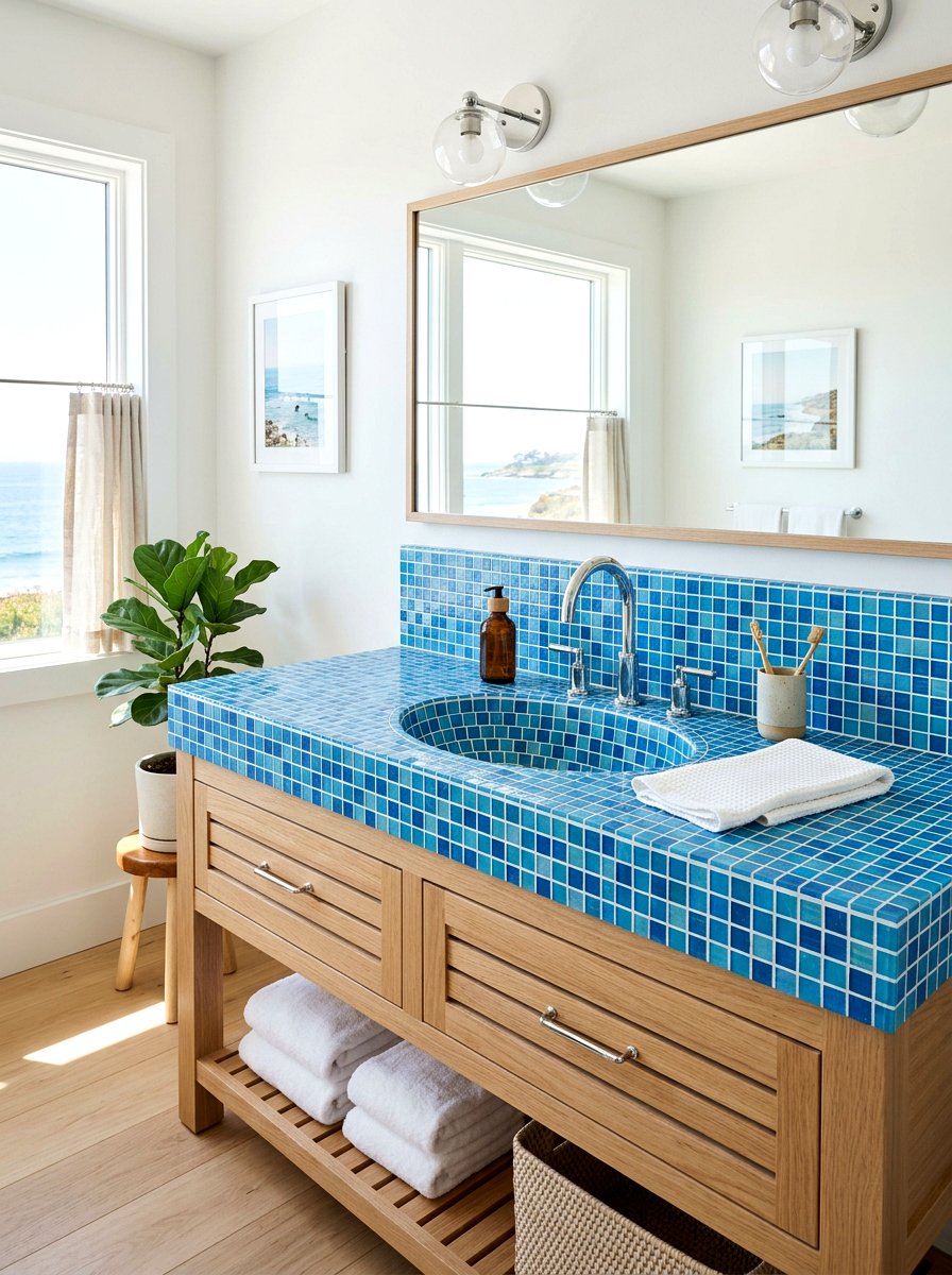 Blue Tiled Vanity - 30 integrated vanity sink ideas