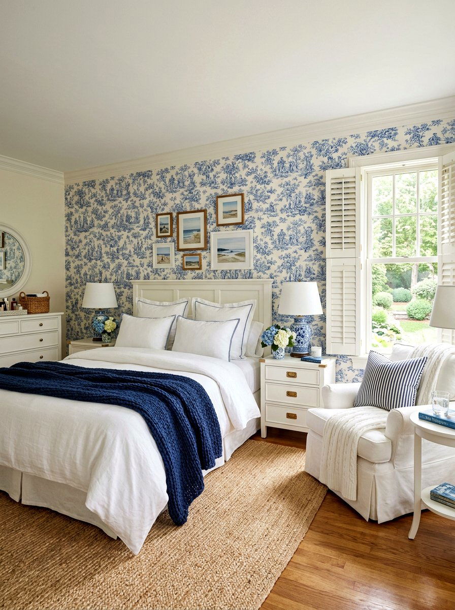 Blue Toile Wallpaper - 30 coastal grandmother bedroom ideas
