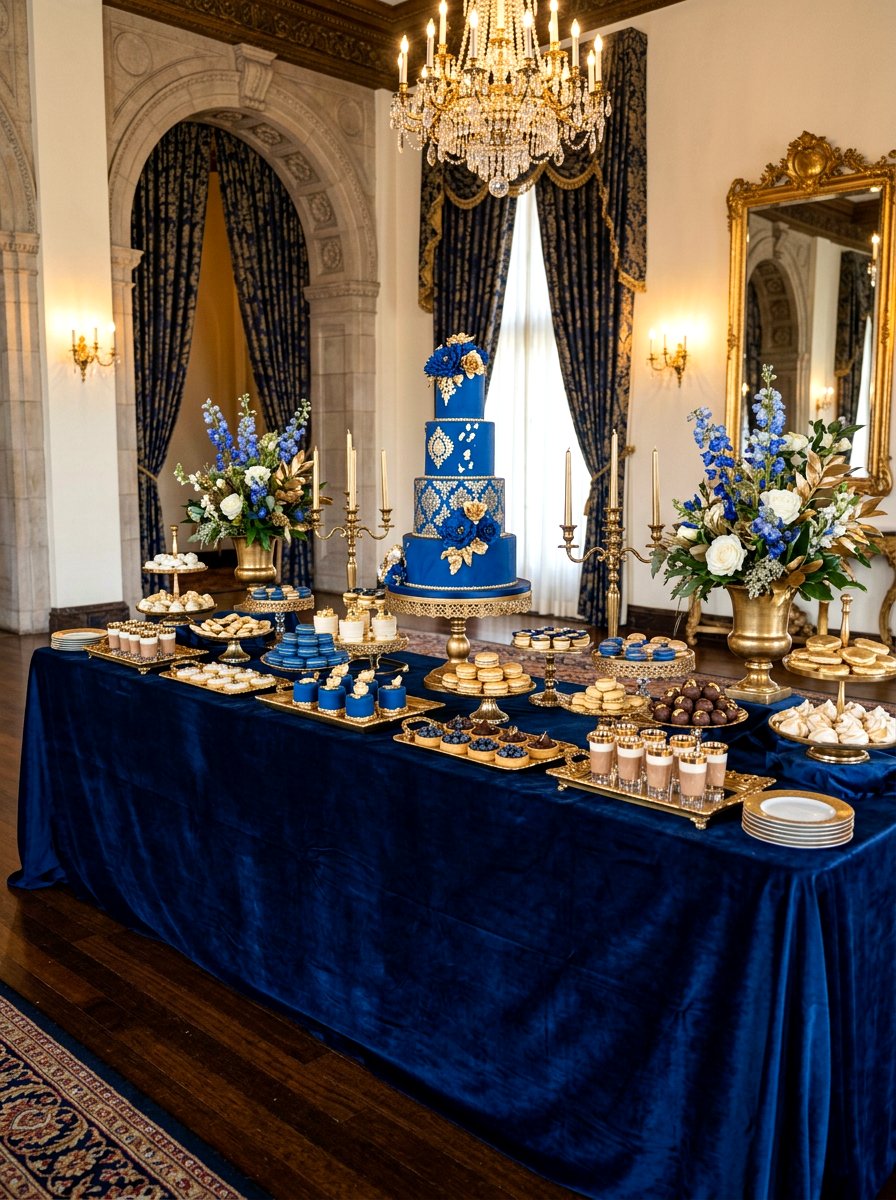 Blue Velvet Dessert Table - 30 dessert table decor ideas
