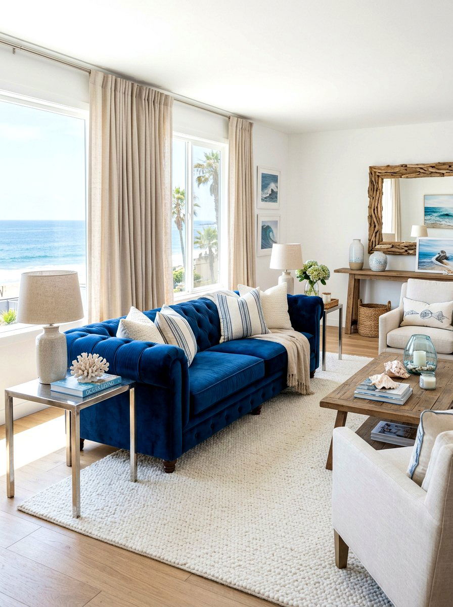Blue Velvet Living Room - 30 ocean inspired living room ideas