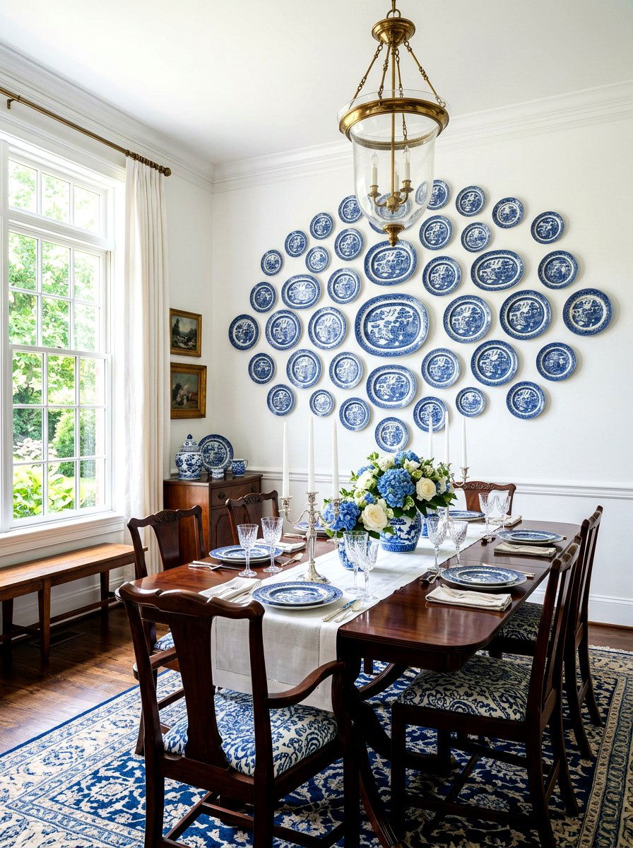Blue White China Plate Wall - 30 plate wall display ideas