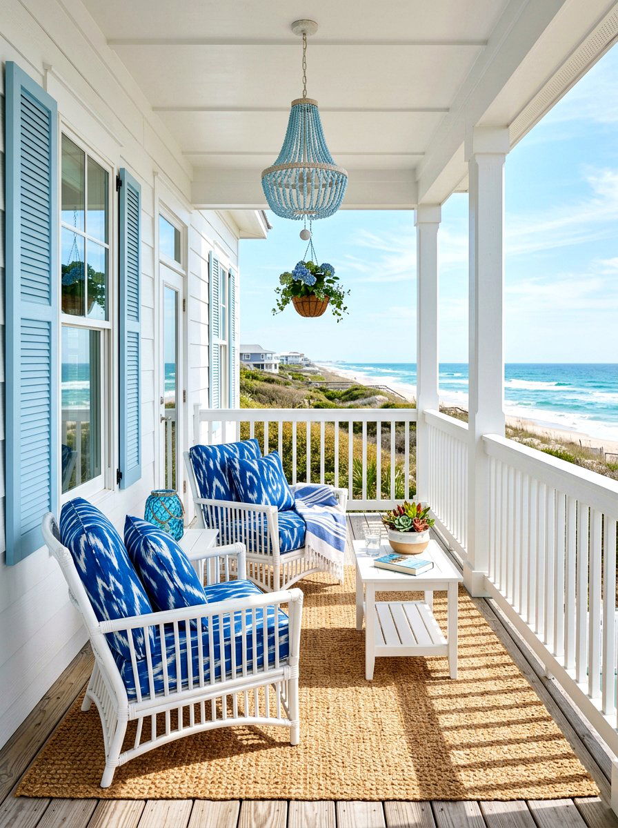 Blue White Coastal Porch - 30 seaside porch ideas