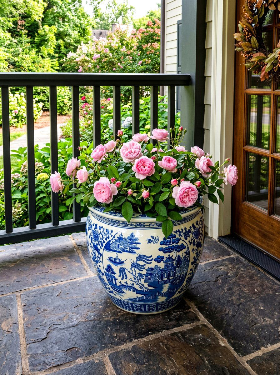 Blue White Porcelain Planter - 30 porch rose planter ideas